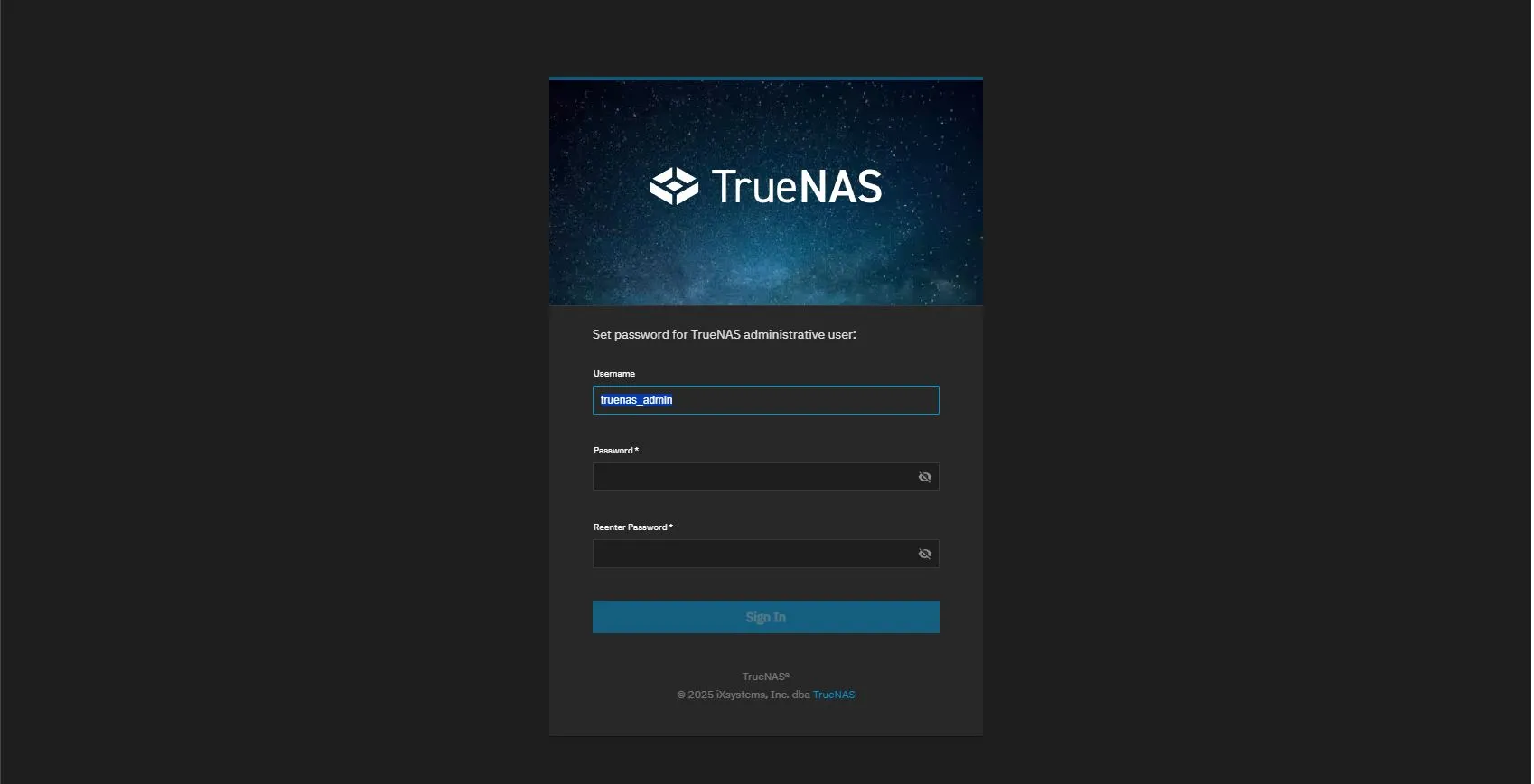 TrueNAS Password Configuration Screen
